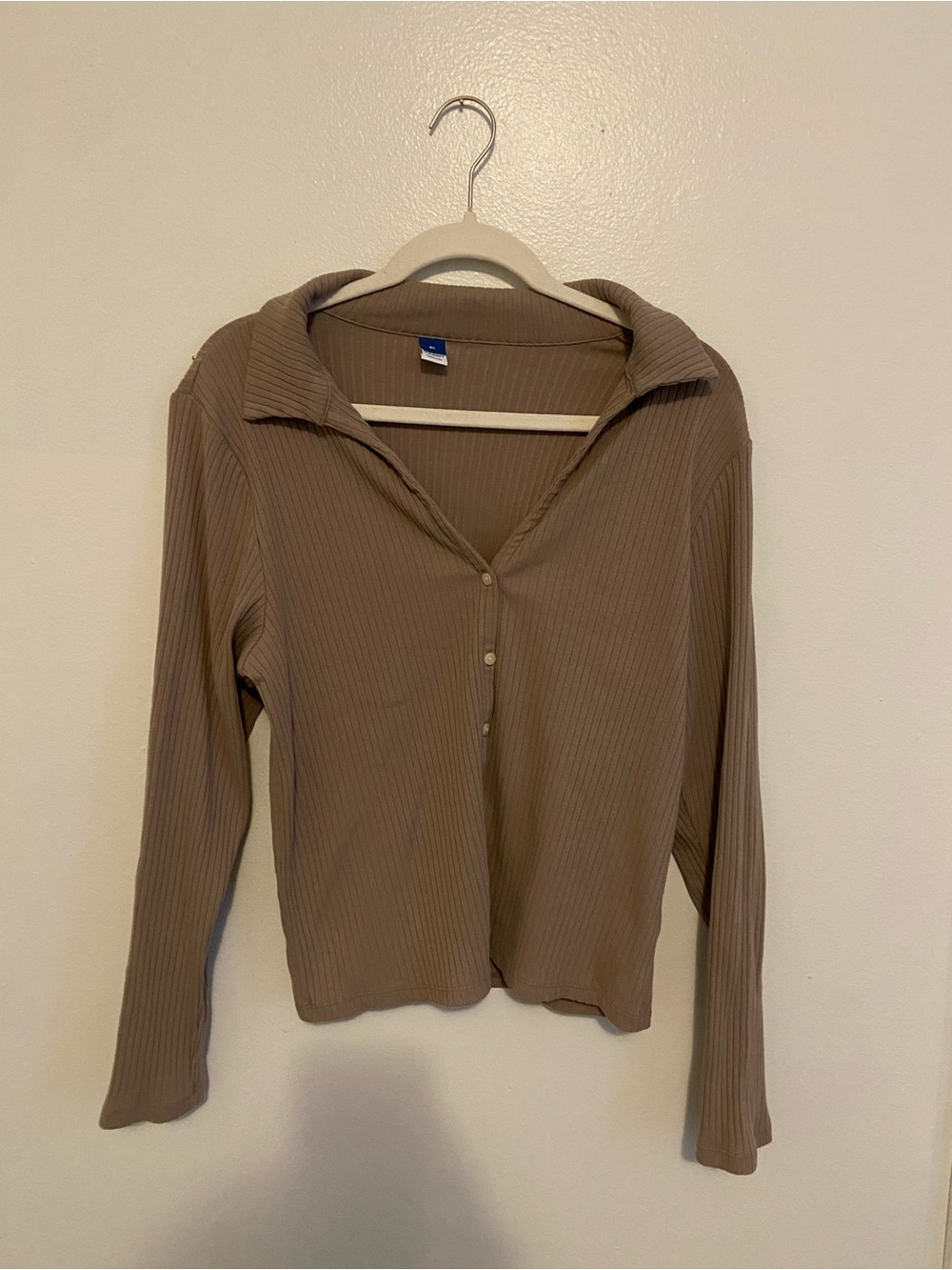 Earth Tone Ribbed Long Sleeve Polo Knit Tee - XL